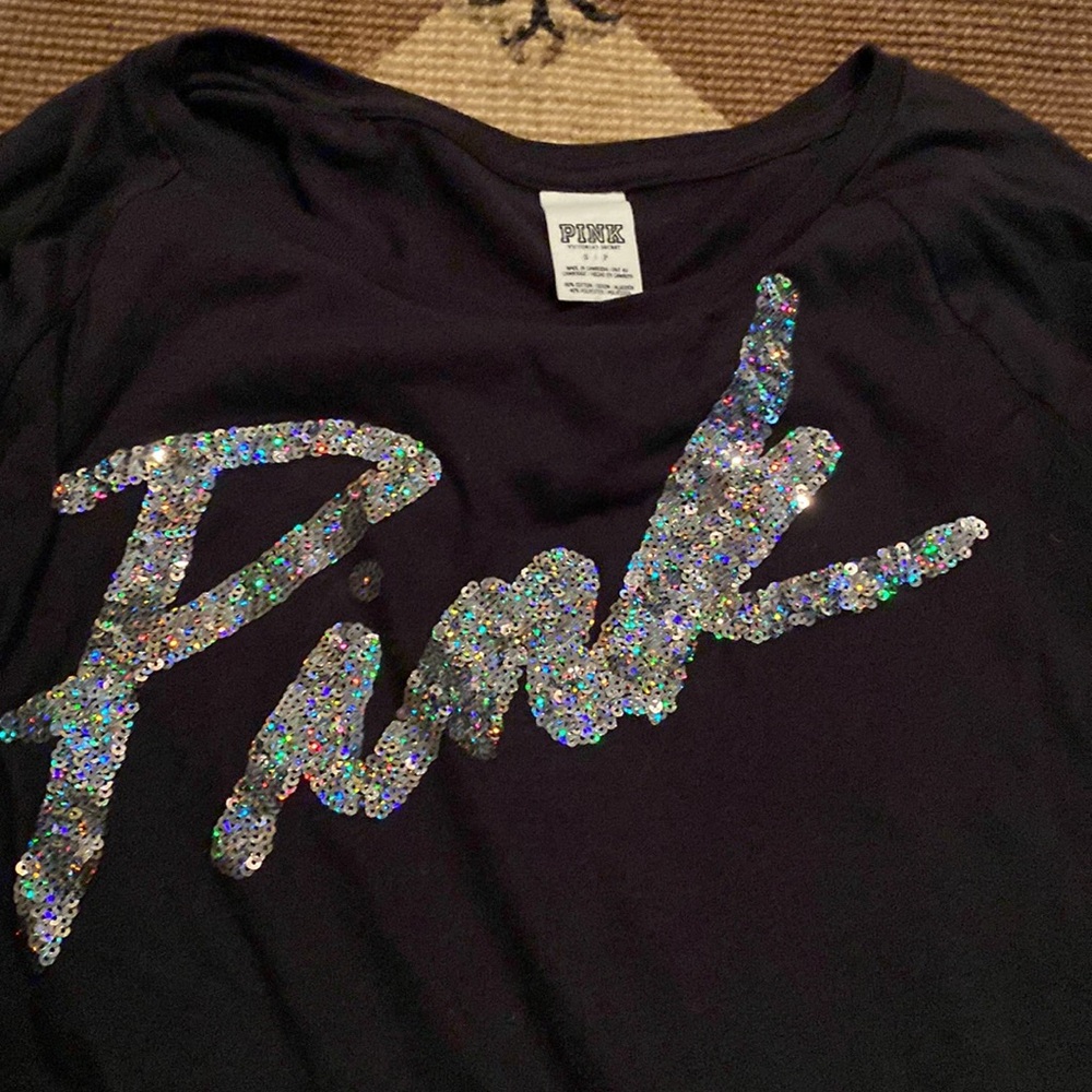 PINK Victoria's Secret Black Sequin Logo Crewneck Sweater - Picture 2 of 3